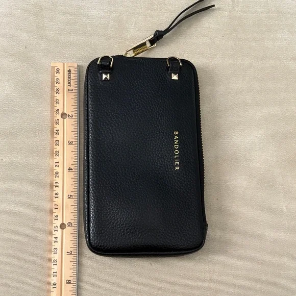 Bandolier Black Leather Phone Pouch with Gold Accents